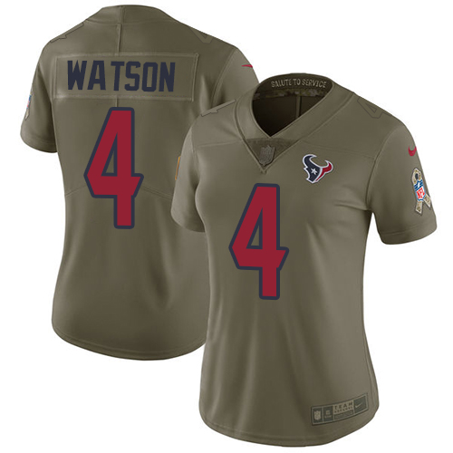 Nike Texans #4 Deshaun Watson Olive Women's Stitched NFL Limited Salute to Service Jersey - Click Image to Close